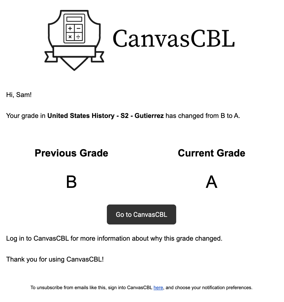 A sample grade change email